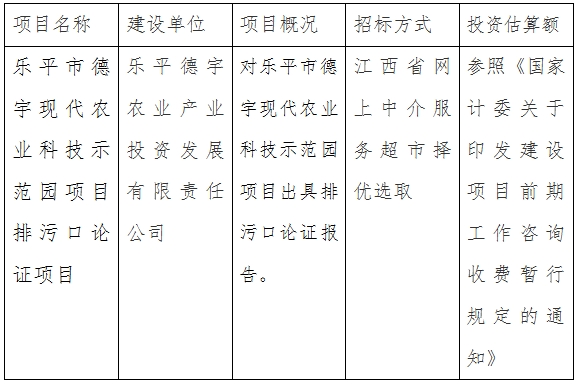 樂(lè)平德宇公司德宇現(xiàn)代農(nóng)業(yè)科技示范園排污口論證項(xiàng)目計(jì)劃公告