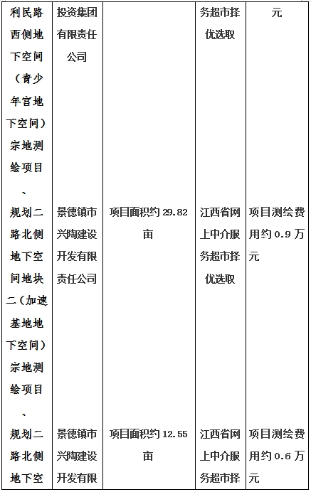 景德鎮(zhèn)市昌南新區(qū)LJ1-03-A01-1地塊、瓷都大道東側(cè)中渡口地下空間（格蘭云天大酒店地下空間）、光明大道北側(cè)利民路西側(cè)地下空間（青少年宮地下空間）、規(guī)劃二路北側(cè)地下空間地塊二（加速基地地下空間）、規(guī)劃二路北側(cè)地下空間地塊一（加速基地地下空間）、景德大道南側(cè)天寶橋西側(cè)地塊、景興大道東側(cè)如意路北側(cè)地下空間(社會(huì)公共服務(wù)