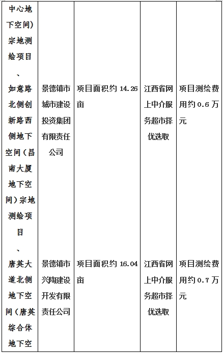 景德鎮(zhèn)市昌南新區(qū)LJ1-03-A01-1地塊、瓷都大道東側(cè)中渡口地下空間（格蘭云天大酒店地下空間）、光明大道北側(cè)利民路西側(cè)地下空間（青少年宮地下空間）、規(guī)劃二路北側(cè)地下空間地塊二（加速基地地下空間）、規(guī)劃二路北側(cè)地下空間地塊一（加速基地地下空間）、景德大道南側(cè)天寶橋西側(cè)地塊、景興大道東側(cè)如意路北側(cè)地下空間(社會(huì)公共服務(wù)